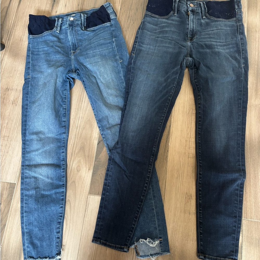 Good American Straight Leg Maternity Jeans in Light and Dark Blue